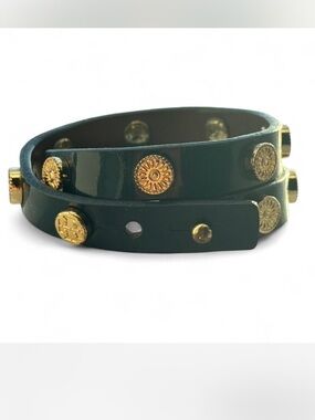 Tory Burch Navy Patent Leather Double Wrap Bracelet Gold Studs
